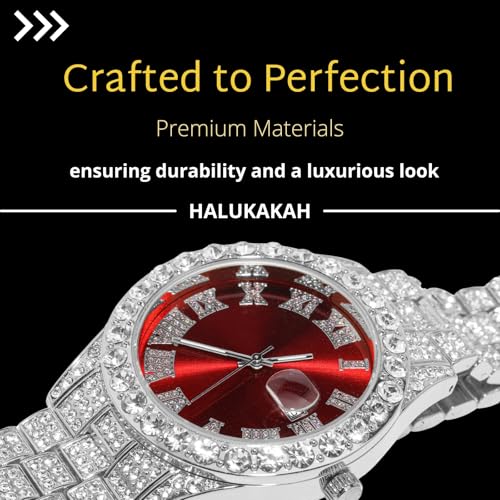 Image of Halukakah Diamonds Gold Watch Iced Out for Boy Teens Kids - 18K Real Gold /Platinum Plated,42mm Blue /Green /Red Dial,Japanese Quartz - 8 inch Length - Optional with Cuban Link Chain,with Watch Adjuster Tool