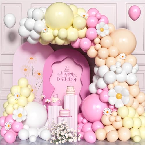 Pink Yellow Balloon Arch Kit,135 Pcs 5 10 18 Inch Daisy Flower Balloons Garland Kit,Pastel Pink Yellow White Orange Birthday Party Balloons for Girls Bridal Baby Shower Wedding Party Decorations