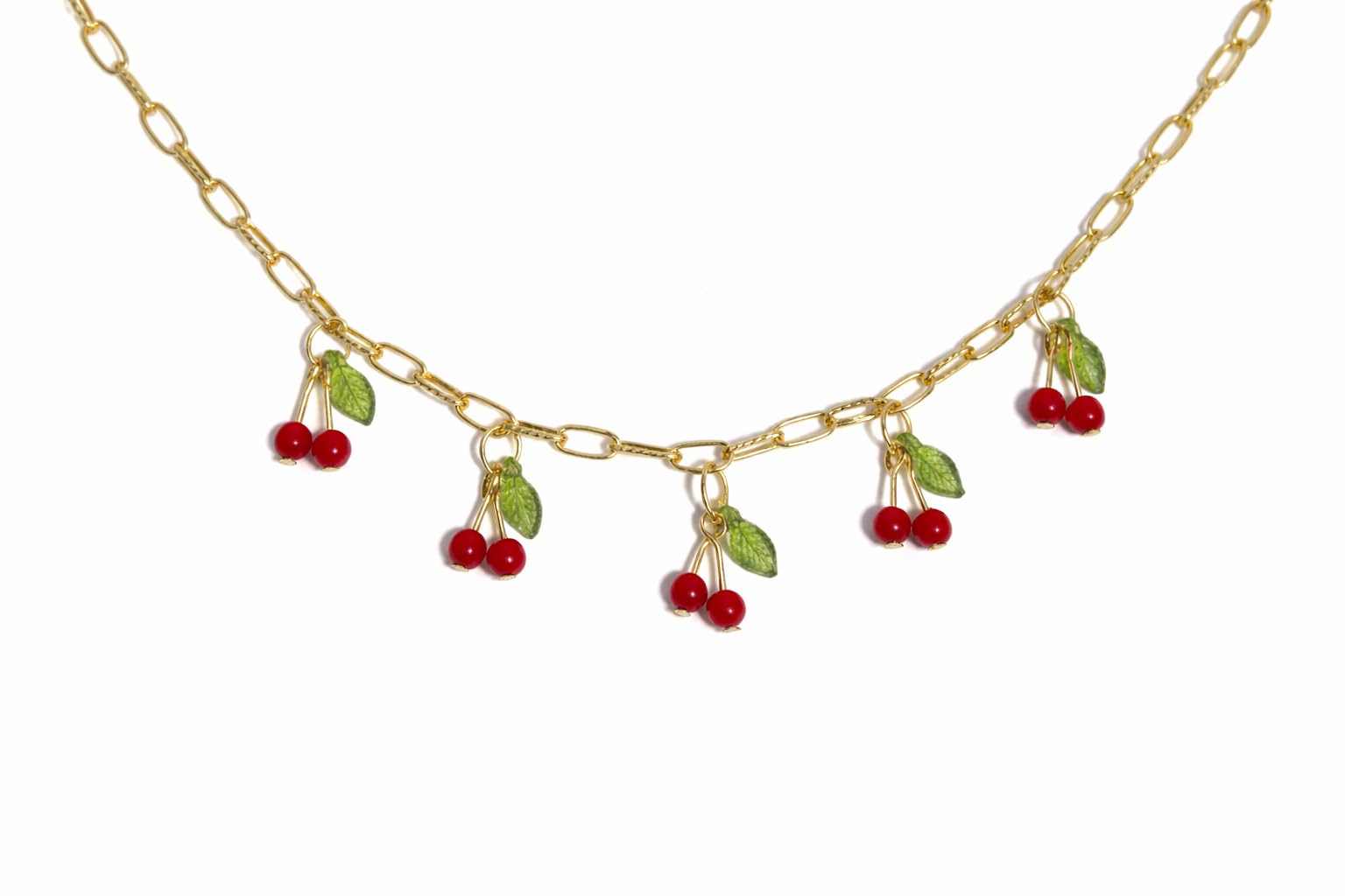 Gold Plated Cherry Charm Necklace and Earrings Set | Women and Girls Cute Fruit Pendant Chain, Trendy, Fashion Jewelry, Playful | Lightweight Stylish Gift Party Accessory Elegant-image-18