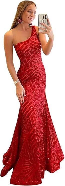 Sparkly Sequin Prom Dresses for Women One Shoulder Long Mermaid Tight Formal Evening Party Gowns