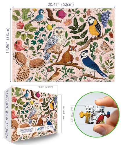 Image of 500 Pieces Puzzles for Adults Forest Birds Jigsaw Puzzles 500 Pieces Difficult Fun Owl and Floral Unique Beautiful Birds Flowers Family Puzzle Challenging Games Gift for Adults (21 inchx15 inch)