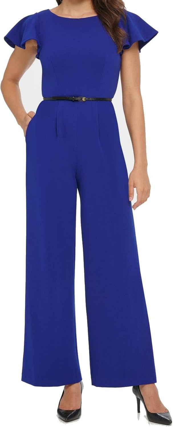 Calvin Klein Women Jumpsuit Blue US 12 Belted Flutter Sleeve Pockets