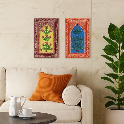 Image of SHREE 'O' GREEN TECH Set Of 2 Handcrafted Wooden Unique Jharokha Wall Hanging Multicolor Rajasthani Window Frame for Home, Living Room, Bedroom & Office Decor (9x15 Inch)