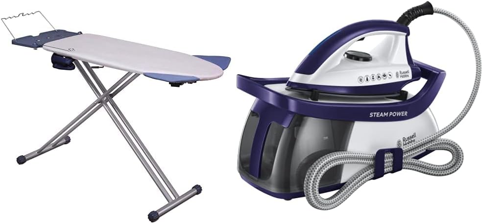Mabel Home Extra-Wide ironing Pro Board with Shoulder Wing Folding, 8 Feature, with + Extra Cover & Russell Hobbs 24440 Steam Generator Iron, Series 3, 2600 W, Purple/White