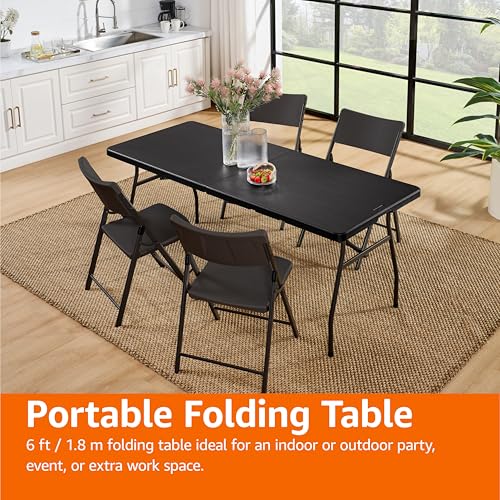 Image of Amazon Basics Heavy Duty Portable Folding Table, 6 ft, Indoor & Outdoor, Fold-in-Half Design with Carrying Handle, for Events, Easy Folding and Storage, Black