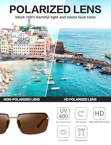 Image of BIRCEN Mens Polarized Sunglasses for Driving: Rimless UV Protection Sun Glasses with Al-Mg Frame for Fishing Traveling Golf