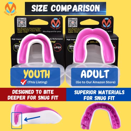 Oral Mart White/Pink Youth Mouth Guard For Kids - Youth Mouthguard For Karate, Flag Football, Martial Arts, Taekwondo, Boxing, Football, Rugby, Bjj, Muay Thai, Soccer, Hockey (With Free Case) #TOP2