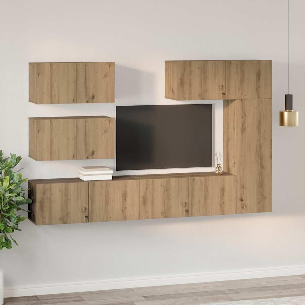 6-Piece Wall Mounted TV Stand Set, Artisan Oak Engineered Wood | Features adjustable shelves and storage compartments, providing a space-saving media center for living rooms.