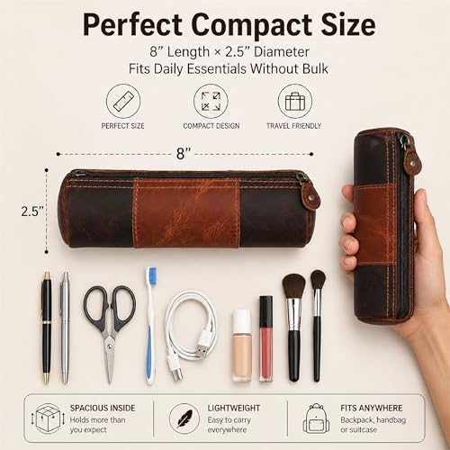 Image of Genuine Leather Pencil Pouch, Handcrafted Zipper Organizer Case with Wrist Strap, Durable Multi-Purpose Storage for Stationery, Travel & Accessories, 8 x 2.5- Brown
