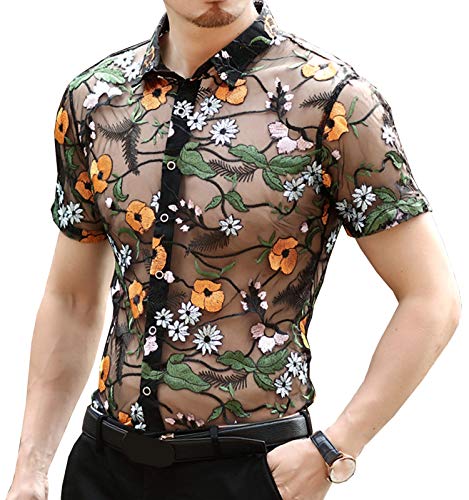 Mens Pattern Short Sleeve Shirts Button Down Slim Fit