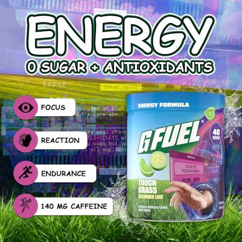 Image of G Fuel Touch Grass Energy Drink Powder, Pre Workout Caffeine Mix for Gaming, Sugar Free Focus Amino, Vitamin + Antioxidants, 9.8oz (Cucumber Lime, 40 Servings)