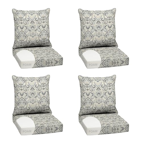 Image of Arden Outdoor Foam Deep Seat Cushion Set, 4-Pack, 24x24, Premium High-Density Foam, Never Flattens, Weather-Proof for Patio Chair Sofa Couch, Neutral Aurora Damask