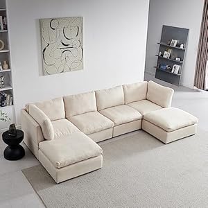 kevinplus 129” Modular Sectional Cloud Sofa Couch Dupes for Living Room, Modern Large Upholstered U-Shape Sofa with Ottoman for Office Spacious Space, Polyester Fabric, Beige