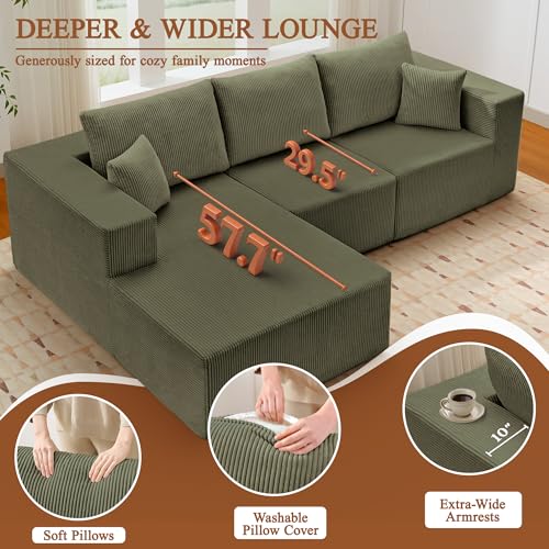 Image of Modular Sectional Sofa for Living Room, 108 inch Cloud Couch Sectional with L-Shape Chaise, Modern Upholstered Corduroy Boneless Couch with Memory Foam Deep Seat, No Assembly Required (Green)