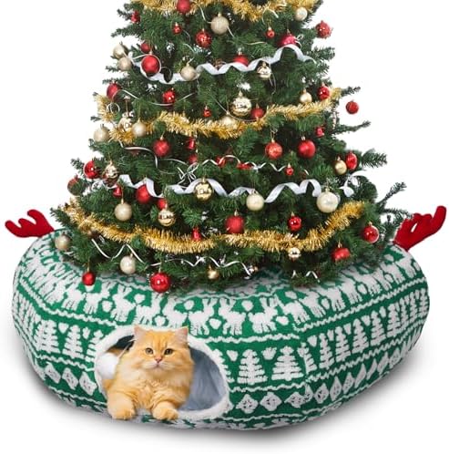 Christmas Tree Cat Tunnel, Cute Cat Tunnel Christmas Tree Skirt with Washable Mat, Hanging Ball, Soft Plush Pet Donut Tube Bed Play Gifts, Xmas Decor for Indoor Kitten, Rabbit, Puppy