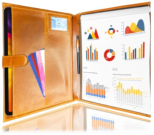 Leather Business Portfolio | Handmade Full Grain Professional Organizer for Men & Women | Leather Padfolio with Sleeves for Documents & Notepad by Rustic Town (Medium, Cognac)