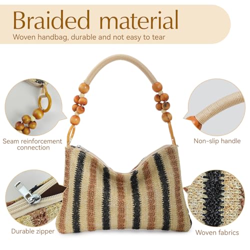 Image of Small Straw Shoulder Bag for Women, Woven Summer Handbag with Wooden Beaded Handle Vacation Purse