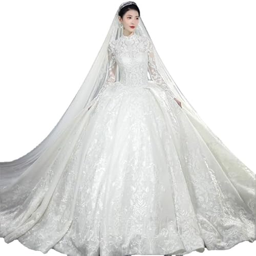 Long-Sleeve Lace Ball Gown Wedding Dress, High Neck, Waist-Cinching Slim