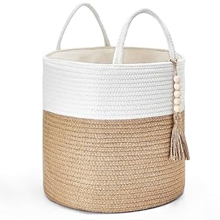 Mkono Woven Storage Basket Decorative Rope Basket Wooden Bead Decoration for Blankets,Toys,Clothes,Shoes,Plant Organizer Bin with Handles Living Room Home Decor, 11" W x 11"L,White and Yellow