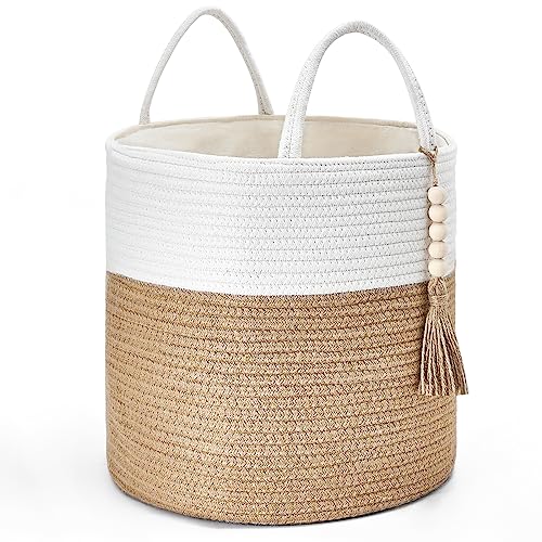 Image of Mkono Woven Storage Basket Small Decorative Rope Basket Wooden Bead Decoration for Blankets Toys Clothes Shoes Organizer Bin with Handles Plant Basket Indoor Home Decor, 11" W x 11"L,White and Yellow
