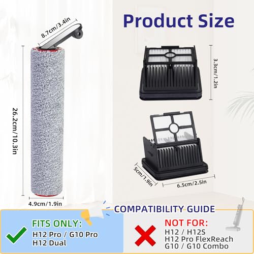 Image of Replacement Parts for Dreame H12 Pro / H12 Dual / G10 Pro Wet Dry Vacuum | NOT for Other Models. ONLY Fits H12 Pro /H12 Dual /G10 Pro. 3 Roller Brushes, 3 Filters & 1 Cleaning Brush