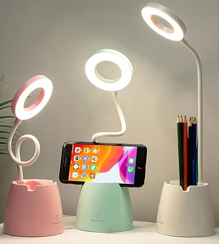 Lámpara LED de Escritorio Recargable con Cuello Flexible, 3 Modos de Luz y Brillo Regulable, Soporte para Móvil y Portalápices, Ideal para Estudio y Oficina, Adaptador Incluido (Blanco)