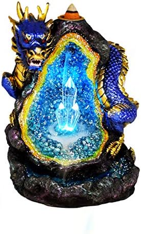 Blue Dragon Backflow Cone Incense Burner Protecting Light Up Crystal 6" H