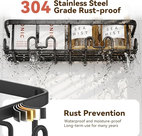 Image of YASONIC Shower Caddy Adhesive, 100% Rustproof Shower Organizer with Soap and Toothbrush Holder, Large Capacity Shower Shelves for Inside Shower, No Drill Shower Storage for Home (5 Pack Black)