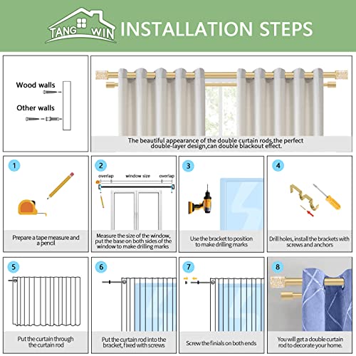 Gold Double Curtain Rods For Windows 72 To 144 Inch(6-12Ft),Adjustable Double Curtain Rods,1 Inch Diameter Heavy Duty Clear Cylindrical Embedded Gold Foil Decorative Drapery Rods 72-144”,Brass Gold #TOP6
