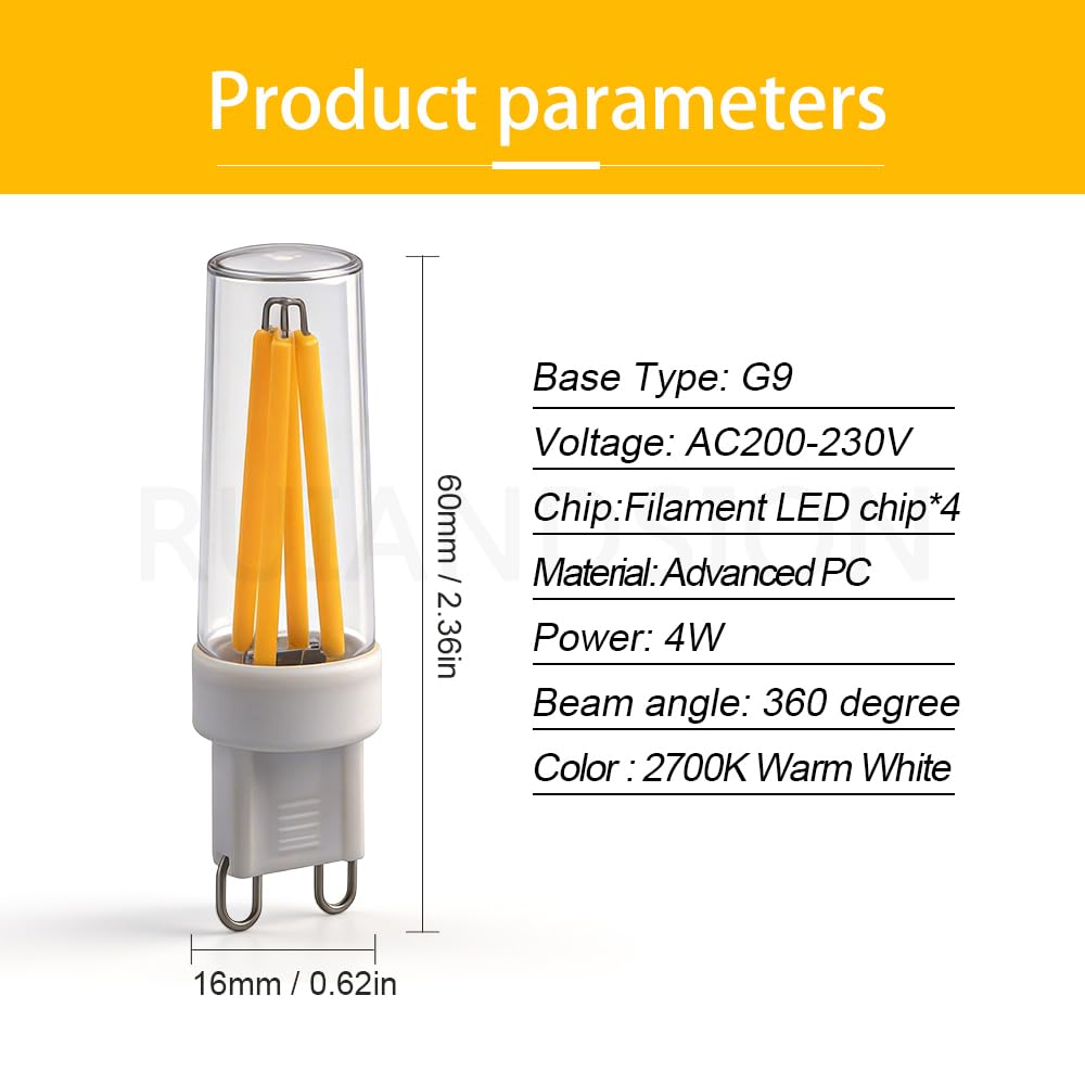 Ruiandsion G9 LED-Lampe 10er‑Pack, 4W 2700K Warmweiß, AC 220‑240V, stoßfestes PC-Material, geeignet für Unterbauleuchten, Dunstabzugshauben, Schreibtischlampen