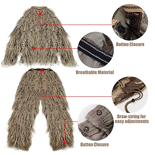 Sibosen 5 In 1 Ghillie Suit For Men/Kids, 3D Camouflage Apparel With Jacket, Pants, Hood, Carry Bag, Camo Ghilly Suits For Hunting, Halloween Costumes (M/L: Fit 5'7-6', Desert) #TOP5