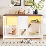 47" Multi-Functional Cat Litter Box Enclosure, Hidden Cabinet with LED Light & Smart Locking Doors, Includes Scratching Post & Stairs, White Modern Furniture for Living Room