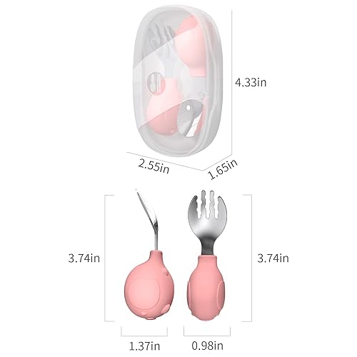 Miniatura 6 de Deejoy Utensilios para niños pequeños - Cucharas y tenedores de acero inoxidable, juego de cubiertos para niños con estuche de viaje (Rosa)