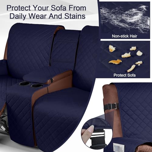 Image of KinCam 100% Waterproof Recliner Loveseat Cover with Console, Non-Slip Reclining Couch Covers for 2 Seat, Recliner Sofa Cover Furniture Protector with Elastic Straps for Kids, Pets, Dark Blue