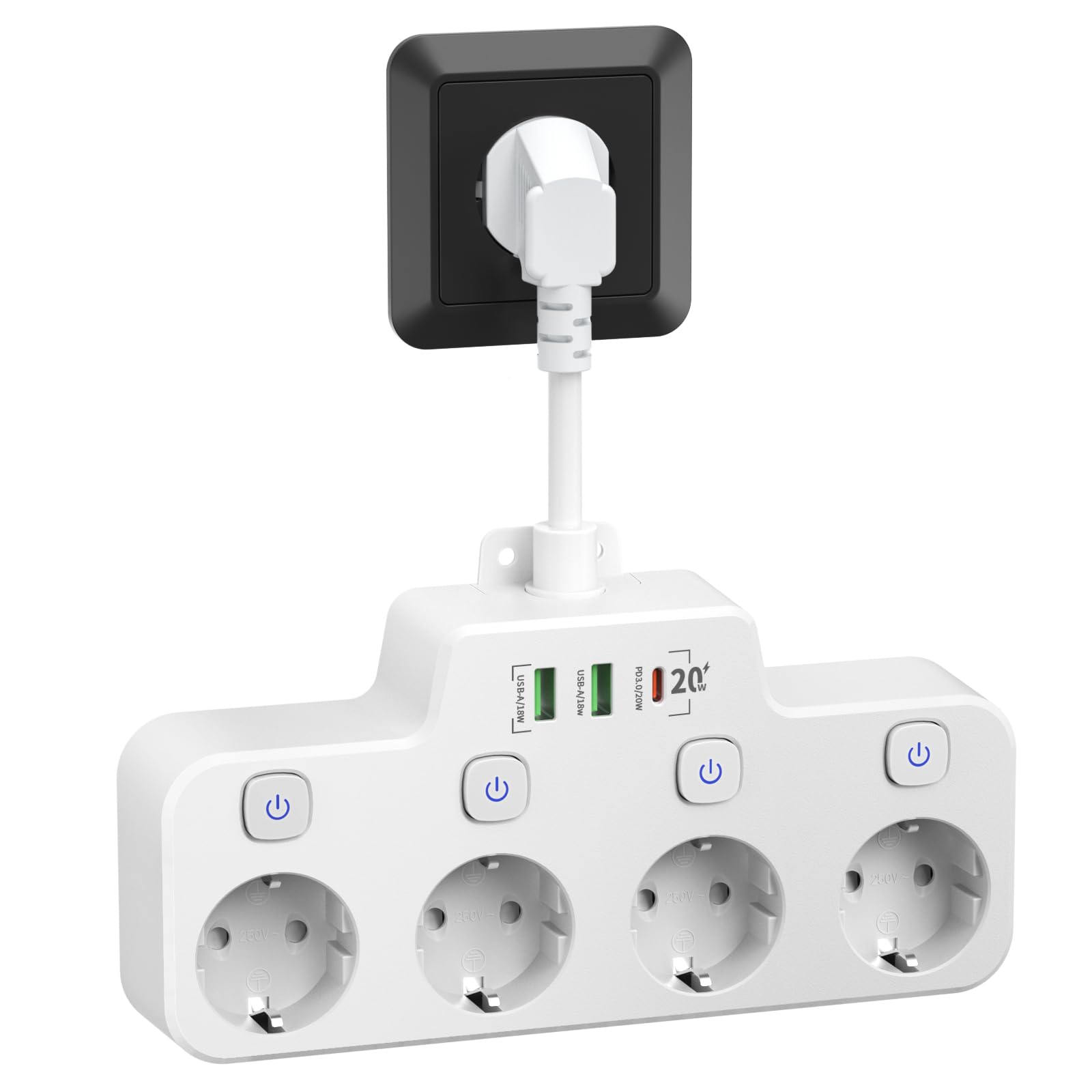 Ciabatta Multipresa Con USB HANYEAL - 3 Prese Schuko + 3 USB-A + 1 USB-C, Bianca, Compatta - Foto 10