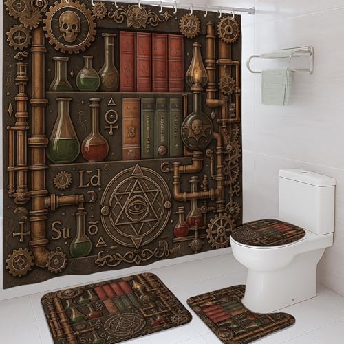 Tapis de bain marron et rideau de douche steampunk étanche