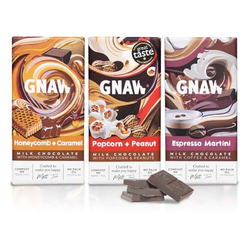 GNAW Fan Favourites Milk Chocolate Variety Pack 3 x 80g Luxury Milk Chocolate Bars Multipack Popcorn & Peanut Honeycomb & Caramel & Espresso Martini Letterbox-Friendly Gift Box Palm Oil Free
