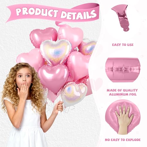 Image of Pink and Silver Heart Balloons, 10 Pcs Pink Laser Silver Heart Shaped Balloon, 18 Inch Metallic Glitter Stars Foil Balloons for Girls Women Princess Brithday Baby Shower Valentines Party Decorations