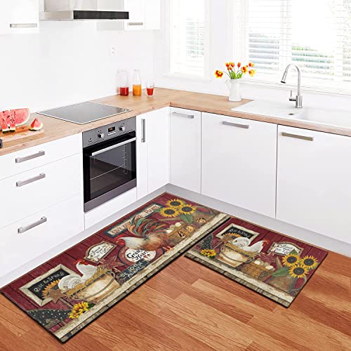 Cocobelin Farmhouse Kitchen Rugs Set Of 2, Non-Slip Washable Kitchen Mats, Vintage Farm Rooster Kitchen Mats For Kitchen Sink Front, 17X30+17X47 Inches #TOP3