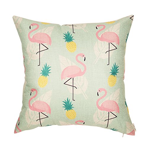 Fjfz Pink Flamingo Pineapple Palm Leaves Cotton Linen Home Decorative Throw Pillow Case Cushion Cover for Sofa Couch, 18