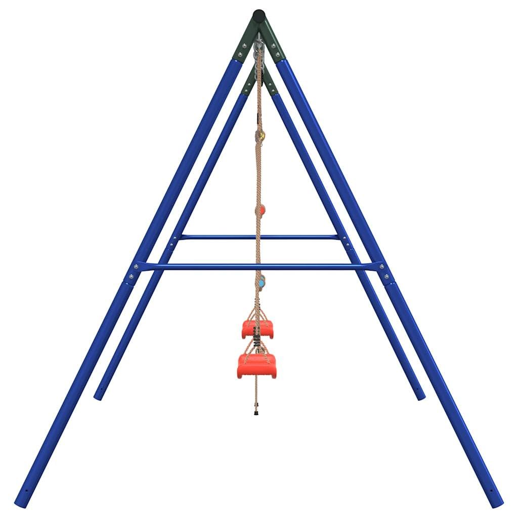 Juego de 2 columpios y escalera de tejer, estructura de acero lacado, 273,5 x 185 x 185 cm, juguete de jardín para niños, zona de juegos en el jardín, promueve la motricidad y el movimiento