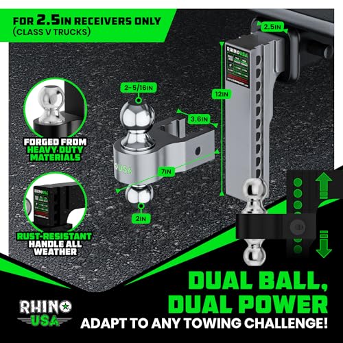 Image of Rhino USA Adjustable Trailer Hitch (Fits 2.5-Inch Receiver) Heavy Duty Aluminum Tow Hitches with 10-Inch Drop /Rise for Truck (18,500 LBS GTW) Weatherproof Double Anti-Theft Locking Hitch Pins (Silver)
