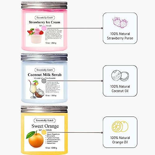 Essentially Kates Body Scrub Set Of 3 - Strawberry Ice Cream Body & Foot Scrub 10 Oz, Orange Body & Foot Scrub 10 Oz, And Coconut Milk Body & Foot Scrub 10 Oz - Pack Of 3 #TOP2