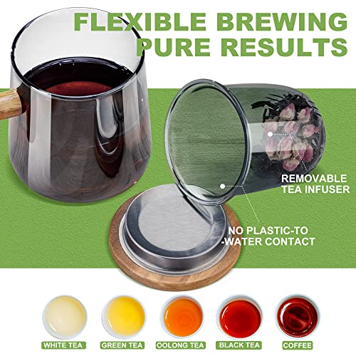 Susteas Tea Mug : Glass Teacup With Infuser And Lid - Tea Cup With Wooden Handle, Gray Teacup For Tea Steeping At Home And Office, Gray (13.5Oz ) #TOP4