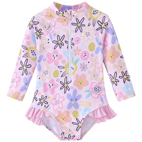 Image of UMELOK Baby Girls One Piece Swimsuit Infant Bathing Suit Long Sleeve Rash Guard Swimwear with UPF 50+ Sun Protection