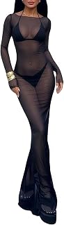 Women's Sheer Maxi Dress, Long Sleeve See Through Mesh Bodycon Dress, Se...