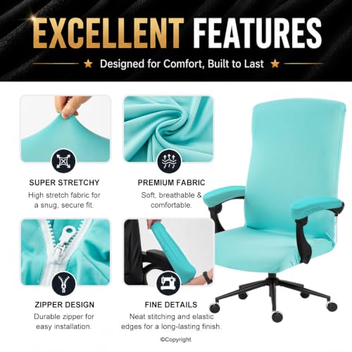 Image of Stretch Computer Office Chair Cover with Armrest Covers Durable Zipper Universal Washable Removable Spandex Rotating Boss Chair Slipcovers Anti-dust Soft Desk Chair Seat Protector, Tifanny Blue