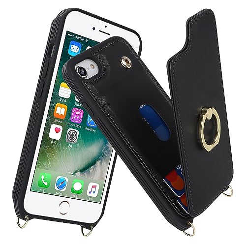 Image of for iPhone 7 Plus / 8 Plus Case with Card Holder and Strap for Women,Crossbody Lanyard,RFID Blocking,Kickstand Ring Stand,Snap Clasp,Phone Wallet Cases 5.5 inch(Black)