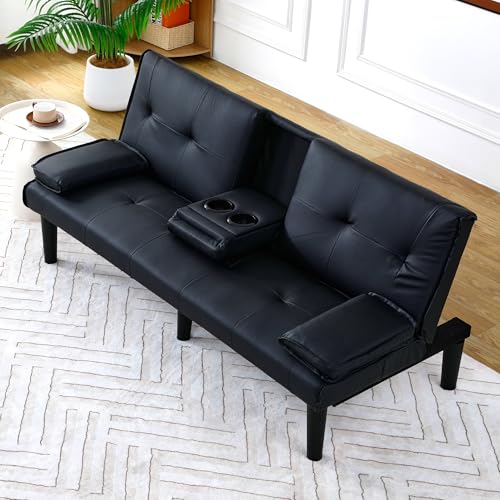 Futon Sofa Bed, Modern Convertible PU Leather Couch with Removable Armrests