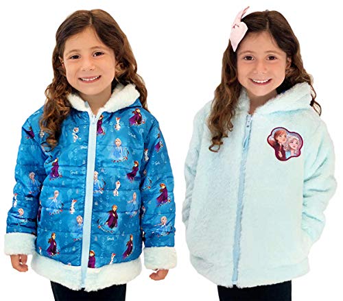 Disney Girls Frozen Puffer Hooded Reversible Jacket (Blue, 2T)